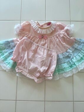 Vintage Baby Girl 6-9m Dress &Bloomer Set Roanna Pink Blue Ditzy Floral Lace 80s